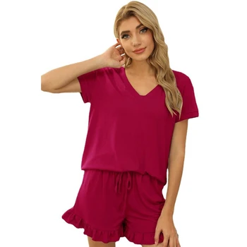 Moterų 2vnt Pižama Nustatyti trumpomis Rankovėmis V-Kaklo Marškinėliai su Susiėmę Šortai Sleepwear