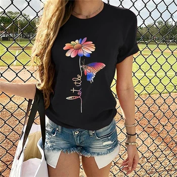 Moterų Atsitiktinis Marškinėlius Trumpomis Rankovėmis Viršūnes Tees Seksualus Drugelis Daisy Grafinis Spausdinti T-Shirt O-Kaklo Vasaros 2020 Lady Moteris