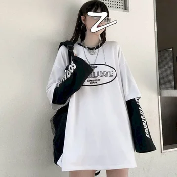 Moterų Grynos medvilnės ilgomis rankovėmis T-shirt moterų 2020 m. rudenį naujų korėjos studentų bat stilius laisvas letter spausdinimo netikrą dviejų dalių viršūnės