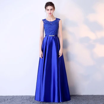 Moterų ilgų oficialių prom vakarinę suknelę nėriniai siuvinėjimo mėlyna satino vestuves suknelė Plius dydis Ceremonijoje Specialiai Progai Suknelė
