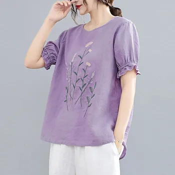 Moterų Medvilnės Skalbiniai Atsitiktinis marškinėliai Naują Atvykimo 2021 M. Vasarą Vintage Stiliaus O-kaklo Gėlių Siuvinėjimas Prarasti Moterų Viršūnių Tees S3322