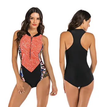 Moterų Sporto vientisi maudymosi kostiumėlį Lenktynių Racerback Retro maudymosi Kostiumėliai, Zip-up Maudymosi Kostiumą, Sporto Lieknėjimo Monokini