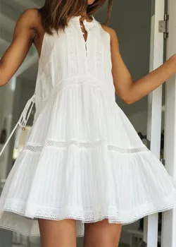 Moterų Vasaros Kietas Mini Balta Suknelė Vintage Boho Bohemian Suknelės Beach Trumpą Suknelę Ponios Vasaros Atsitiktinis Sundress Atostogų