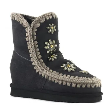 Moug žiemos batai moterims sniego batai originalus vidinis pleišto 24cm kristalų rankų darbo, avikailio platforma ponios kulkšnies botas