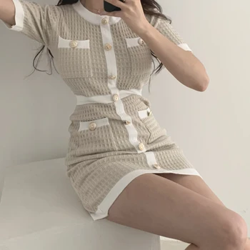 Mygtukas Bodycon Mini Megzti Suknelę Šalies Elegantiškas Vestido Prašmatnus Korėjos Vasaros Seksuali Plona Juoda Moda Feminina Ropa Mujer 2020 Rūbeliai