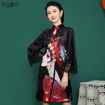 Nagodo Derliaus Aksomo Suknelė Moterų 2020 M. Vasarą Kinų Stiliaus Mandarinų Apykaklės-line Vestidos Juoda Nėrinių Elegantiškas Cheongsam Suknelė