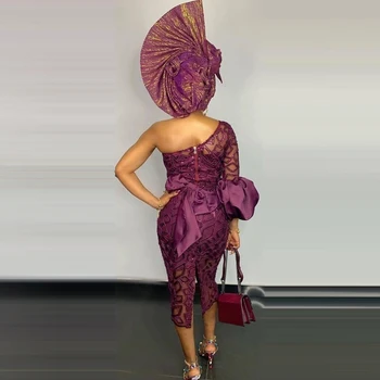 Nauja Kolekcija Aso Ebi Prom Šalis Suknelės Violetinė Vieną Petį Ilgomis Rankovėmis Arbata Ilgis Afrikos Iškilmingas Renginys Šalis Chalatai