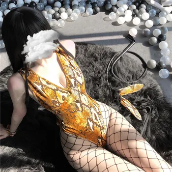Nauja Seksuali Boa Odos Modelis Moterų Aukštis Supjaustyti Bodysuit Bunny Mergina Cosplay Apranga Laukinių Gyvūnų Stiliaus Erotiniai Kostiumai, Aukso Moteriškas Apatinis Trikotažas