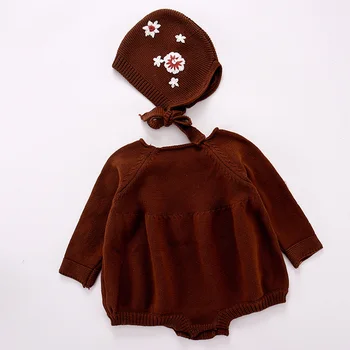 Naujagimio Megztinis Naujas Rudens-Žiemos Baby Girl Rankomis siuvinėti Gėlių ilgomis rankovėmis Jumpsuit + Hat Nustatyti Kūdikio Romper