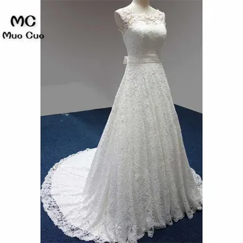 Naujas 2018-Line Sheer Lace Vestuvių Suknelės Appliques Chalatas de mariage Valymo Traukinio Scoop vestido de noiva Vestuvinės Suknelės