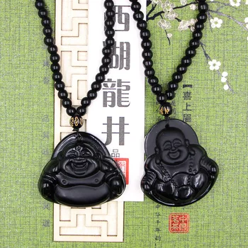 Naujas Atvykimo Natūralus Juodas Obsidianas, Išraižytas Buda Laimingas Amuletas Pakabukas Karoliai Moterims, Vyrams Klasikiniai Messing Etninės Papuošalai
