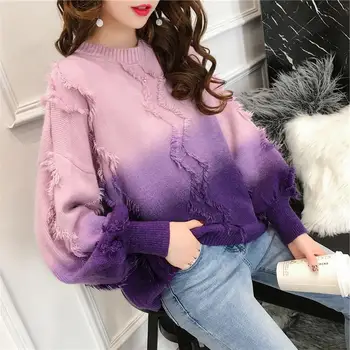 Naujas korėjos versija prarasti moterų megztinis palaipsniui pakeisti spalva pakraštyje laisvas Megztinis Megztinis Mergina Studentų megztinis invierno 2019