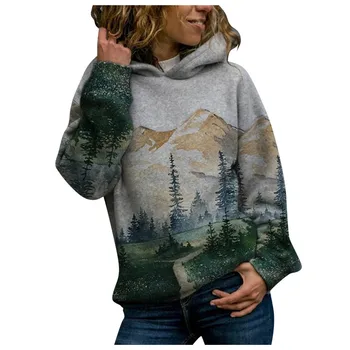 Naujas Moterų Plius Dydžio palaidinukė hoodies mados sweatsh moterų Kalnų Spausdinti Megztinis ilgomis Rankovėmis Palaidinukė Marškinėliai толстовка .