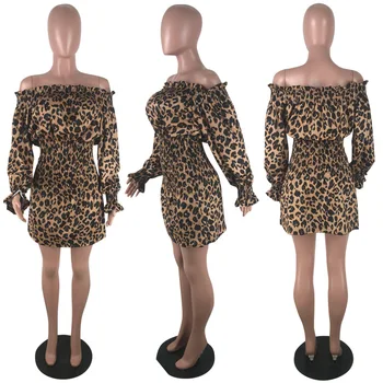 Naujas stilius Rudenį moterų mados leopard print vieną pusę kaklo stebėjimo ilgomis rankovėmis waisted sriegiu suknelė