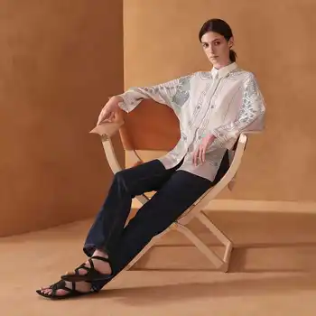 Naujas šilko marškinėliai mazgas Kinija spausdinti šilko palaidinė couture purus baltas ilgas rankovėmis marškinėliai šikšnosparnių rankovėmis marškinėliai