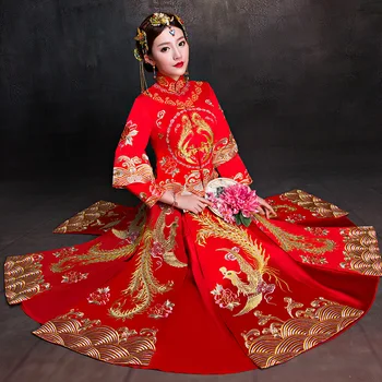 Nuotaka Cheongsam Senovinių Kinų Stiliaus Vestuvinė Suknelė Retro Taurę Drabužių Lady Siuvinėjimo Phoenix Suknelė Santuokos Qipao raudona Drabužiai