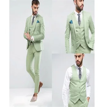 Pagal užsakymą Pagaminti Vieną Mygtuką Vyrų Mados Vestuvių Kostiumai Šviesiai Žalia 3Pcs Tuxedos Oficialų Jaunikis Tuxedos(Striukė+Kelnės+Liemenė)