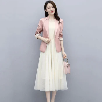 Pavasario Office Lady Elegantiškas Dviejų Dalių Rinkiniai Moterims, Apranga Korėjos Prašmatnus Plonas Švarkas Švarkas + Kieto Tinklelio, Be Rankovių Suknelė Mados Kostiumas
