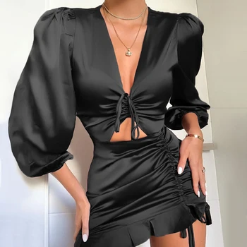 Pirmąją dainą Moterų stora montavimo klostuotas satino seksuali suknelė 2019New rudenį suknelė su V-kaklo, juoda ilgomis rankovėmis moterų mini suknelė XL