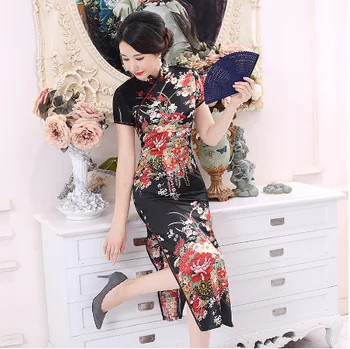 Plus Size 6XL Kinijos Moterims Cheongsam Lady Qipao BLACK Print Gėlių Ilga Suknelė ir Nuotaka Vestuvių Suknelės Elegantiška Suknelė Vestidos