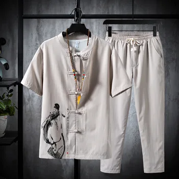 Plus size vyrai nustatyti vasaros Kinų stiliaus vyrų kostiumas medvilnės ir lino kvėpuojantis rinkiniai vyrams trumparankoviai marškinėliai + kelnės kostiumas kelnės