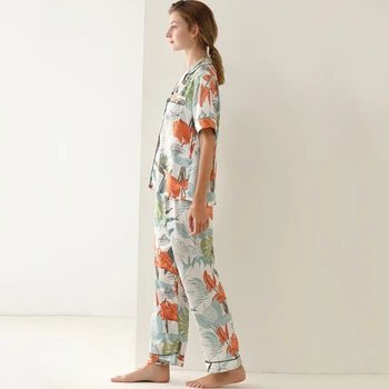 Ponios Šilko Satino Pajama Nustatyti Trumpas Rankovės Pyjama Femme Spausdinti Pijama Mados Sleepwear Naktiniai Drabužiai Moterims
