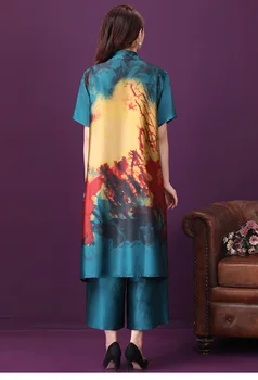 Populiariausi produkto 2020 Lady drabužių rinkinį, Negabaritinių vidutinio amžiaus moterų drabužius vasarą spausdinimo suknelė, Viršus + platus kojų kelnės 1715