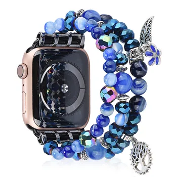 Prabanga Mėlynos spalvos Karoliukai, Kristalų Moterų Apyrankę, Apple Watch Band Serijos 6 SE 5 4 3 Juvelyrikos Dirželis 40mm 44mm 38/42mm už iWatch Diržas