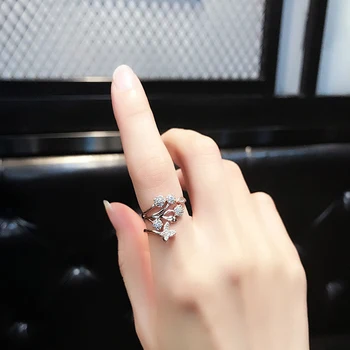 Prabangūs Krištolo Drugelis Medžių Lapų Vestuviniai Žiedai Moterų Mados Dalyvavimas Juvelyrikos White Crystal Atidarykite Reguliuojamas Piršto Žiedą