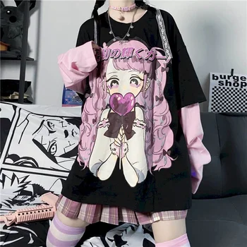 Pranešk apie netikrą dvi ilgomis rankovėmis moteriška t-shirts rudenį Japonijos ins minkštas sesuo mielas animacinių filmų anime mergina spausdinti prarasti studentų apačioje marškinėliai