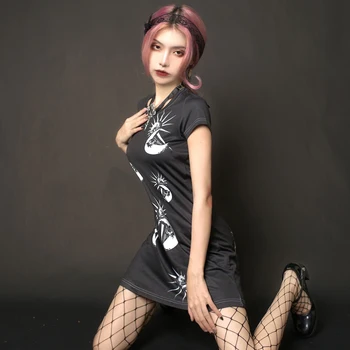 Punk Apvalios Kaklo Moterų Suknelė Šilkiniai Medvilnės atkarpoje Slim High Street Banga Halloween Party Dress Prekės Cool