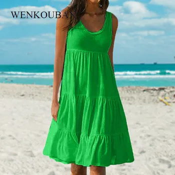 Rankovių Paplūdimio Suknelė Moterims Vientisos Spalvos O-Kaklo Vasaros Šalis Suknelė Ponios Prarasti Boho Suknelė Moterų Atsitiktinis Skraiste Femme 2020 M.