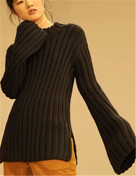Rankų darbo grynos vilnos trikotažo moterims streetwear Oneck blyksnius rankovės open hem H-tiesiai kietas megztinis megztinis vieną&daugiau dydis