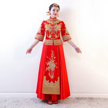 Raudona Vestuvinė suknelė, tradicinė kinų Qipao Nacionalinių Kostiumų Moterų Užjūrio Naująjį Kinijos Stiliaus Nuotaka Siuvinėjimo Cheongsam S-3XL