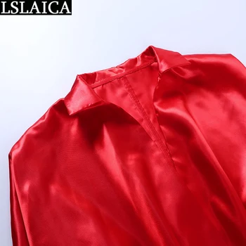 Raudonos Spalvos Marškinėliai Kieto Spalvų Elegantiškas Plonas Office Lady Giliai V Kaklo Mados Viršūnes Naują Atvykimo Atsitiktinis Palaidų Ilgomis Rankovėmis Marškinėliai Moterims
