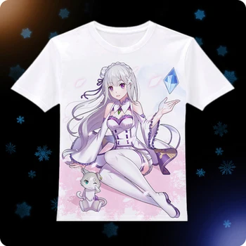 Re:Zero kara Hajimeru Isekai Seikatsu T-shirt Anime Rem Ram Emilija Cosplay T marškinėliai Atsitiktinis Viršūnes moterys Vyrai Tees Naujas