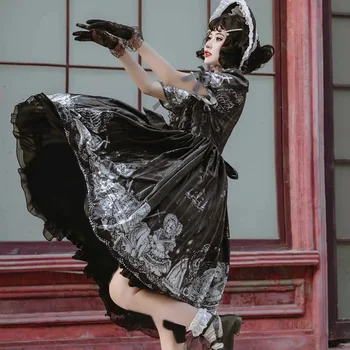 Renesanso Derliaus Gothic Lolita Dress Moterų Viktorijos Siela Vairininkas Spausdinti Princesė Op Suknelė Mergina Lankas Helovinas Arbata Šalis Suknelė
