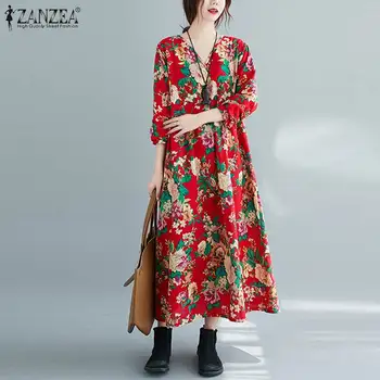 Retro Pavasario Printed Dress Moterų Gėlių Sundress 2021 ZANZEA Atsitiktinis ilgomis Rankovėmis Maxi Vestidos Moterų V-Kaklo Drabužius, Plius Dydis