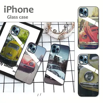 Retro vabalas automobilių Grūdintas stiklas silikoninis telefono dėklas skirtas iphone 12 mini pro 11 Xs Max X Xr 6 6s 7 8 Plus se 2020 dangtis