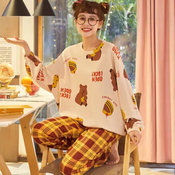 Rudenį ir žiemą naujas stilius atsitiktinis mielas ilgomis rankovėmis aukštos kokybės medvilnės pižama moterims, saldus apsidraudimo namų kostiumas
