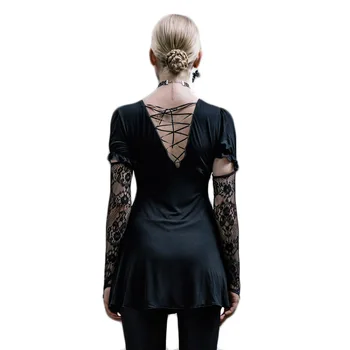 Rudenį Steampunk Gotikos Moterų Mados Sexy marškinėliai ilgomis Rankovėmis Plonesni Medvilnės Emborideried Nėrinių Viršų Tees Black Marškinėliai
