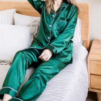 Rudenį Šilko Satino Pižama Pižamos Nustatyti Ilgomis Rankovėmis Sleepwear Pijama Pižama Kostiumas Moterų Miego Dviejų Dalių Komplektas Loungewear Plius Dydis