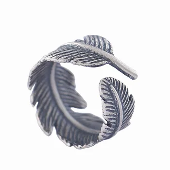 S925 sterlingas sidabro naujas boho juoda plunksna žiedai moterims, vyrams, aksesuarai žiedas geometrijos simbolių lapai fine jewelry naujas