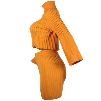 Seksualus 2vnt Nustatyti, Mini Sijonas Komplektus Pasėlių Viršuje Blyksnius Sleeve Sweater Dress Moterų Megztinis Kostiumas Šonkaulio Žiemos Oranžinės spalvos Švarkas Megzti Komplektai