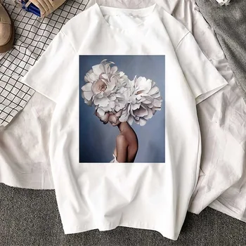 Seksualus Gėlių, Plunksnų Spausdinti Moterų Marškinėliai Plius Dydis Viršūnes Atsitiktinis trumparankoviai Harajuku Estetika T-shirt Moterų Tshirts Vasaros
