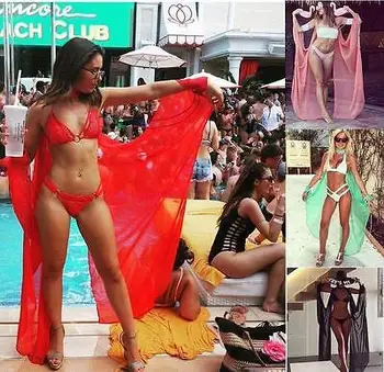 Seksualus Moterų Paplūdimio Suknelė Bikini Padengti Iki Šifono maudymosi Kostiumėliai, Sarongas Wrap Danga-Ups Juoda Balta raudona Žalia