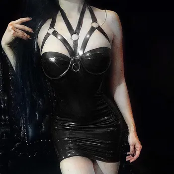 Seksualus Odinis Bodycon Mini Suknelė Moterims Gotikos Tvarstis Apynasrio Latekso Suknelė Moteriška Šalis Suknelė Vintage PU Odos, trikotažo Suknelė