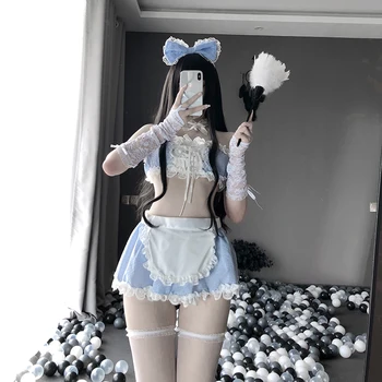 Seksualus, Saldus Moterims Kambarinės Uniforma Mėlyna Kawaii Anime Girl Apranga Gražių Nėrinių Liemenėlė Sijonas Erotiniai Apatiniai Sailor Mokyklos Mergina Kostiumas