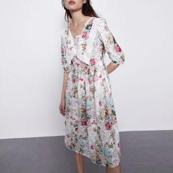 Senovinių Moterų Siuvinėjimo Midi suknelė 2020 Naujas Nėrinių apykaklės Pusė rankovėmis Moteriška gėlių suknelė Šalis Vestidos Rudenį Seksualus YNZZU YD465