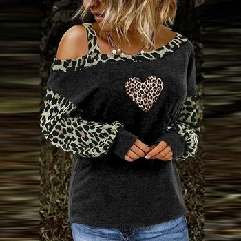 Sexy Marškinėliai Leopardas Spausdinti Moterų Off-Pečių Leopard Susiuvimo Long Sleeve Tee Viršūnes Atsitiktinis Nerijos Apykaklės Tshirts Naujas 2020 M.